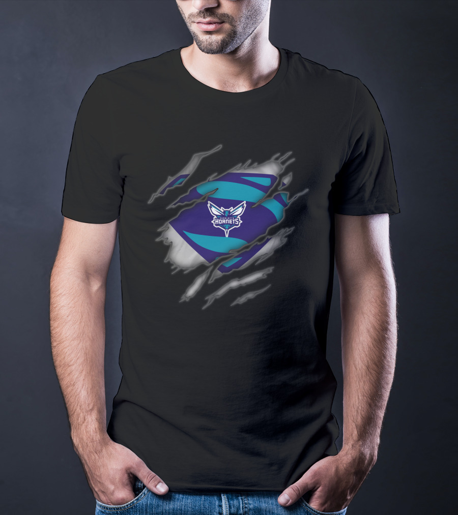 Charlotte Hornets Logo Ripped Superman Style T-Shirt