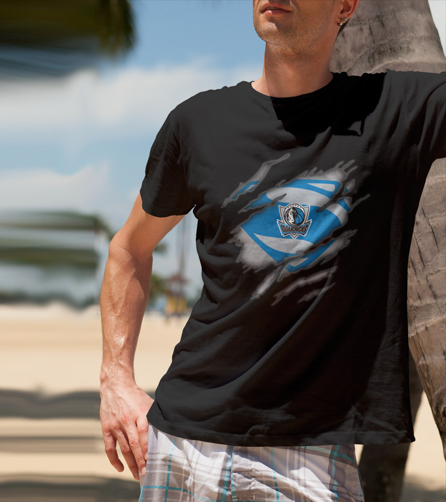 Dallas Mavericks Logo With Superman Style Costume Rip T-Shirt