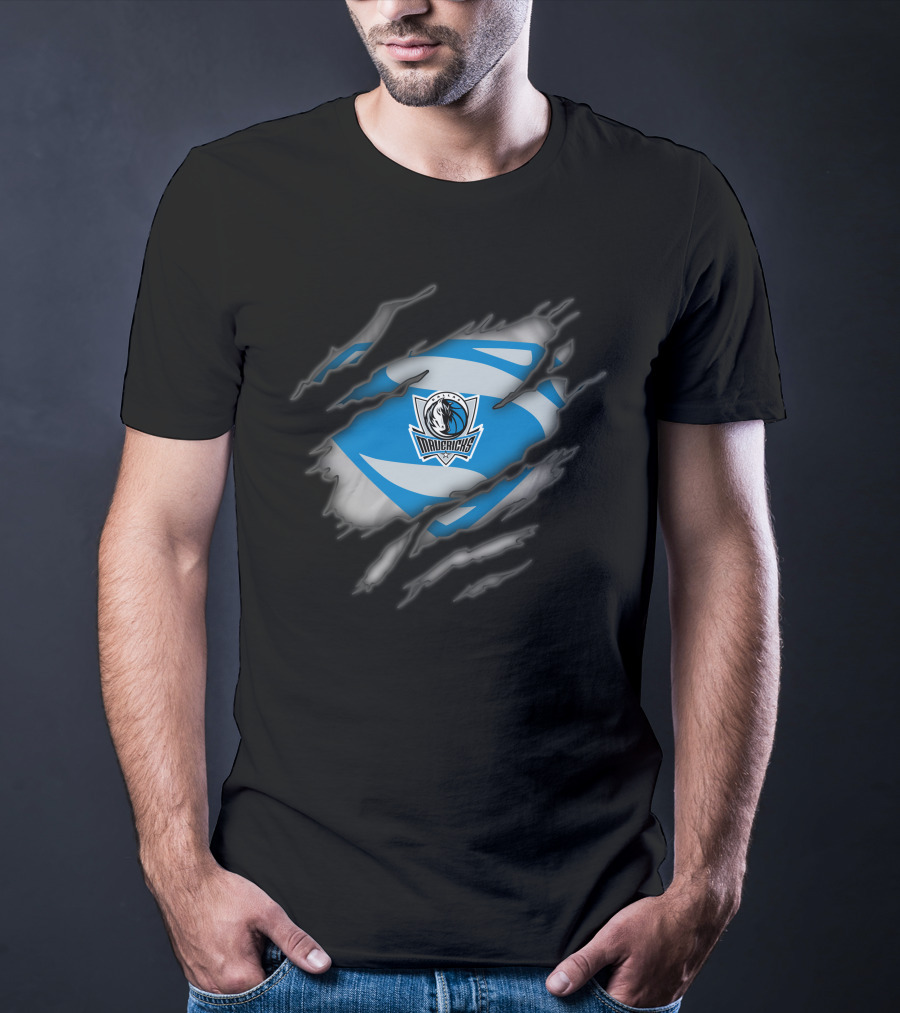 Dallas Mavericks Logo With Superman Style Costume Rip T-Shirt