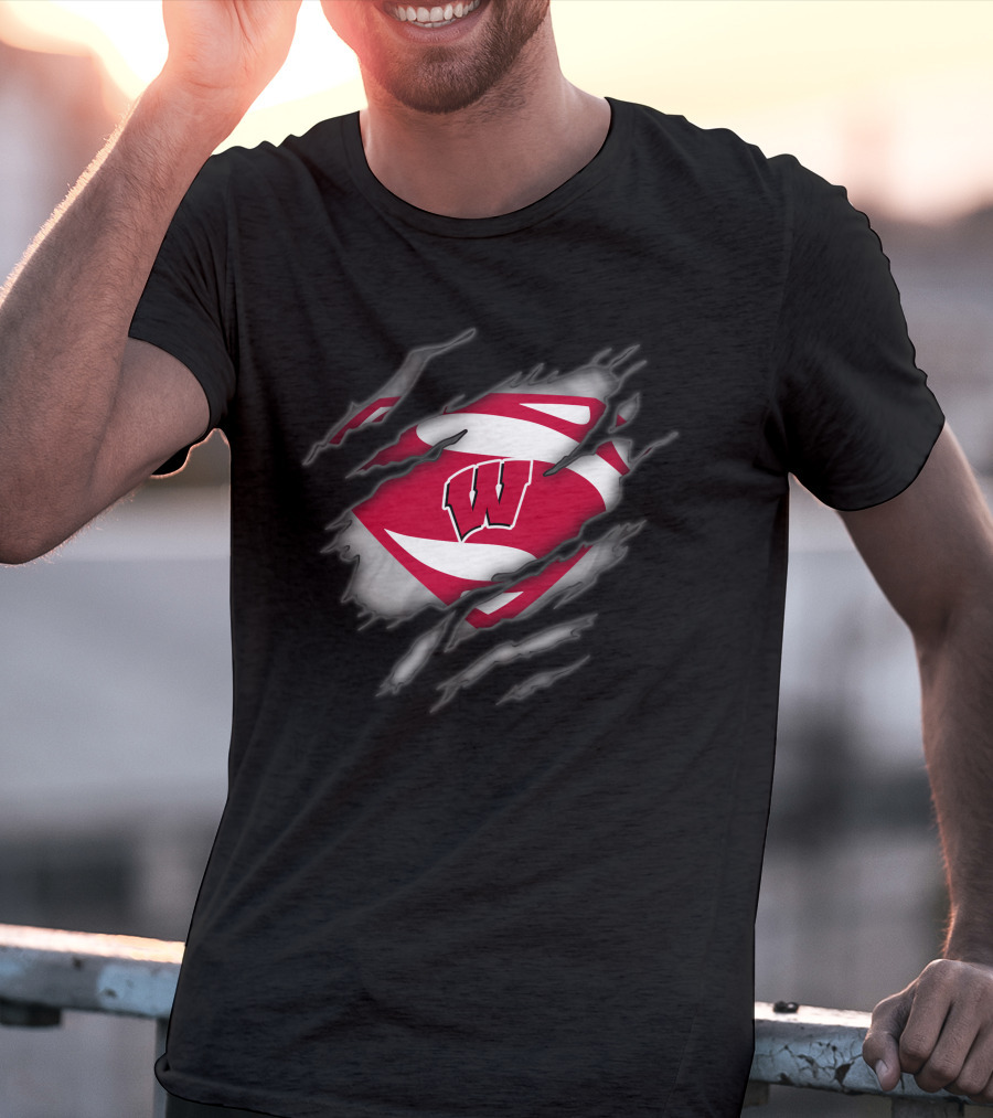 Wisconsin Badgers Logo With Superman Style Shield Print T-Shirt