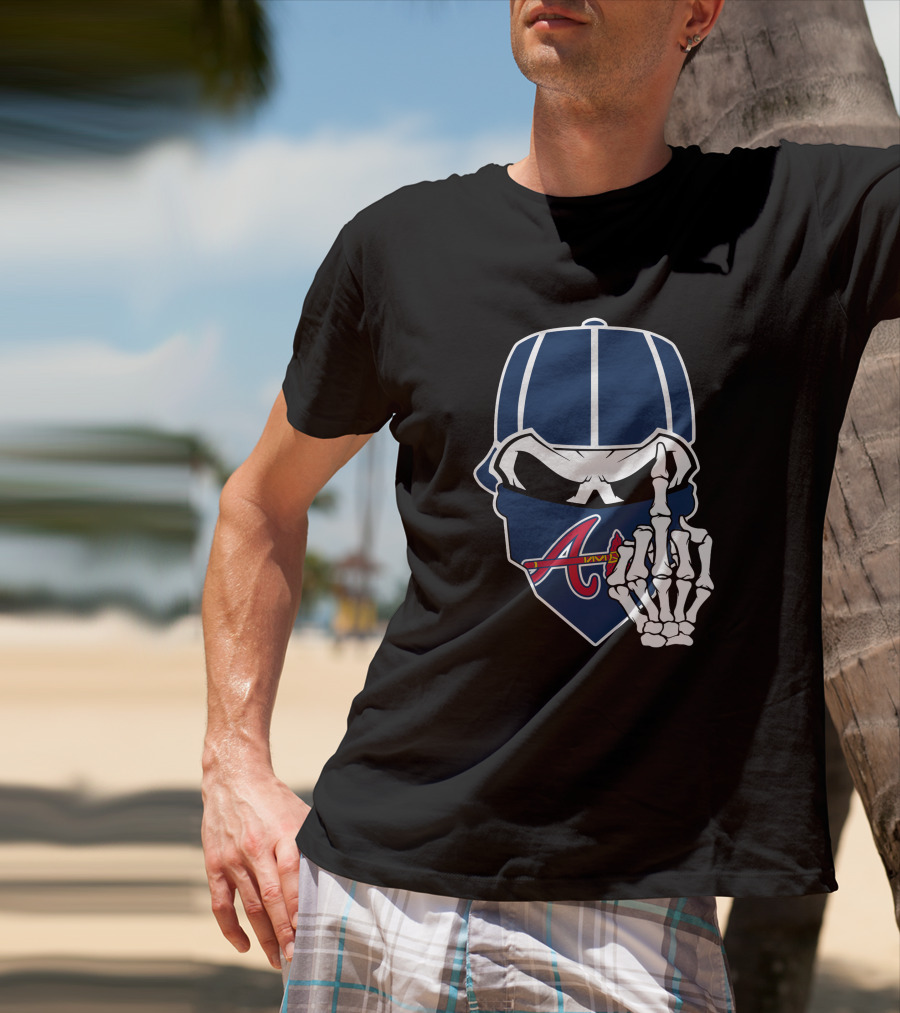 Atlanta Braves Skull Bandana And Skeleton Hand Gesture T-Shirt