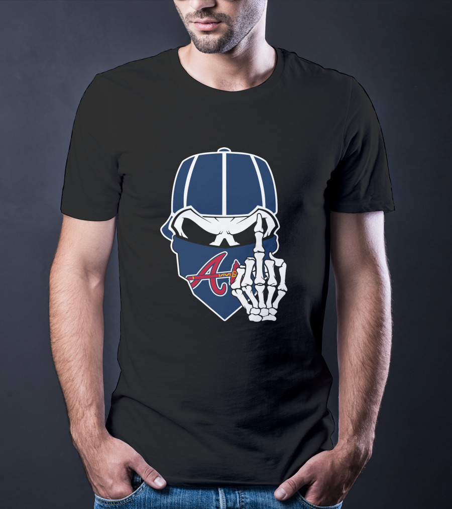 Atlanta Braves Skull Bandana And Skeleton Hand Gesture T-Shirt