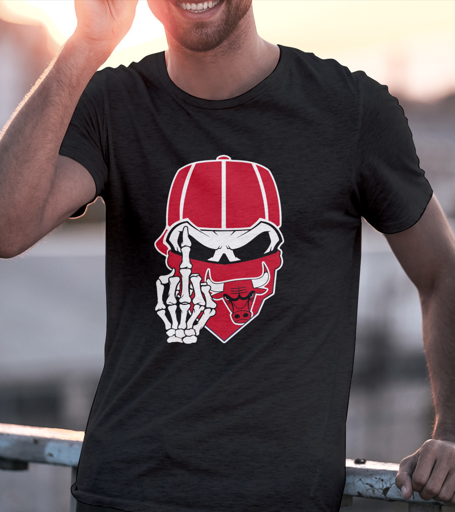 Chicago Bulls Skull Bandana Skeleton Hand Gesture T-Shirt