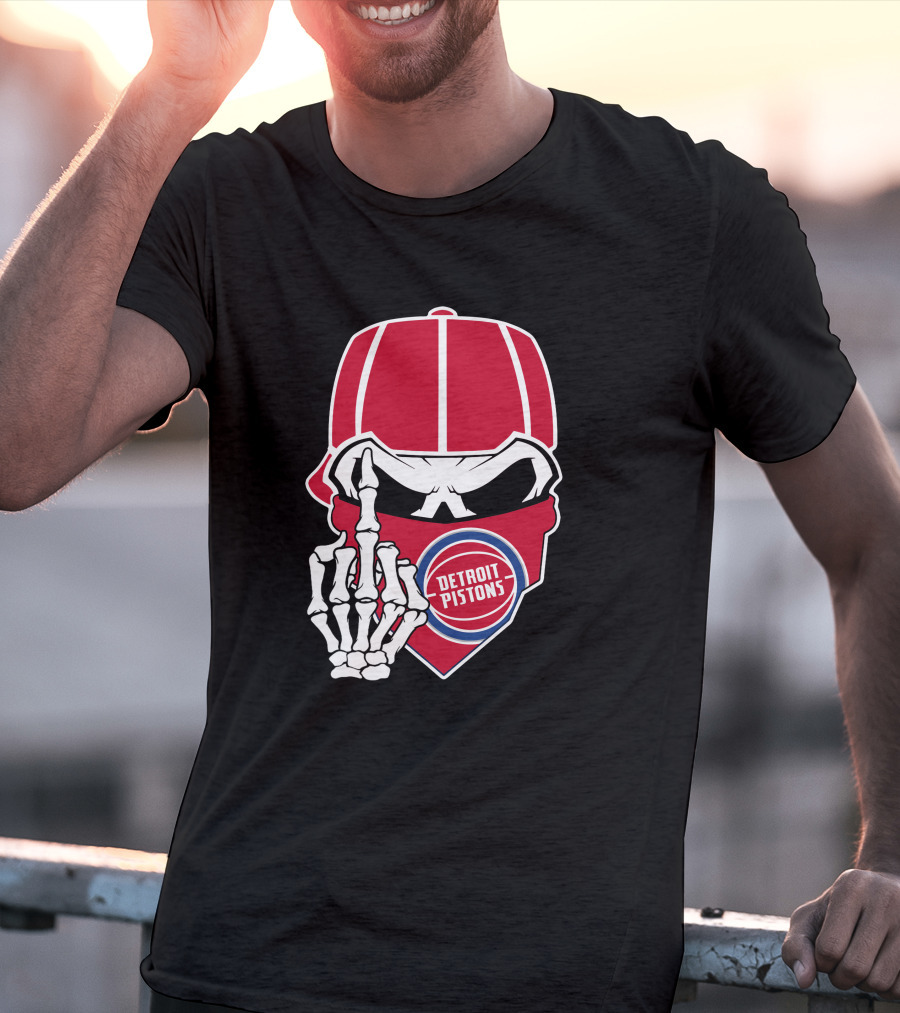 Detroit Pistons Skull Bandana Skeleton Gesture T-Shirt