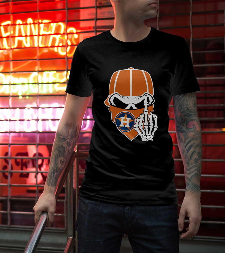 Houston Astros Skull With Cap And Skeleton Hand T-Shirt