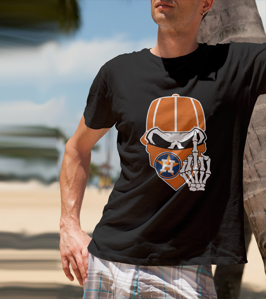 Houston Astros Skull With Cap And Skeleton Hand T-Shirt