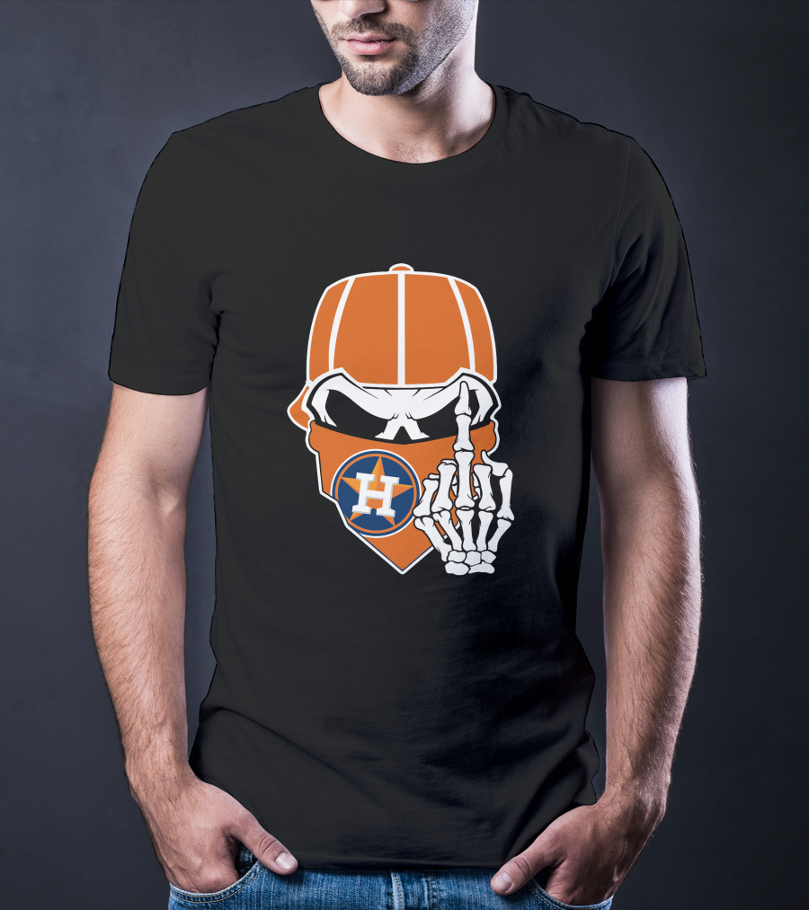 Houston Astros Skull With Cap And Skeleton Hand T-Shirt