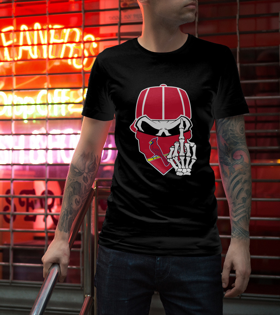 St Louis Cardinals Skull With Bandana And Skeleton Hand T-Shirt