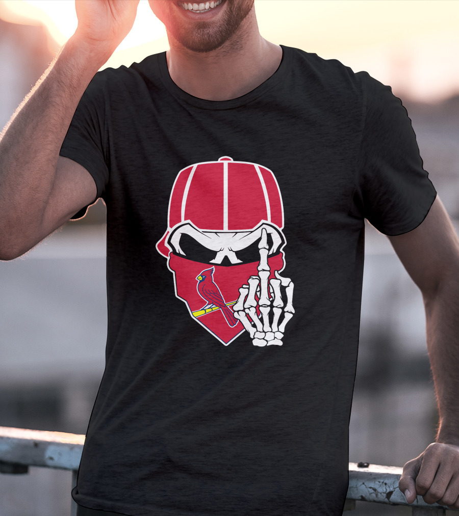 St Louis Cardinals Skull With Bandana And Skeleton Hand T-Shirt