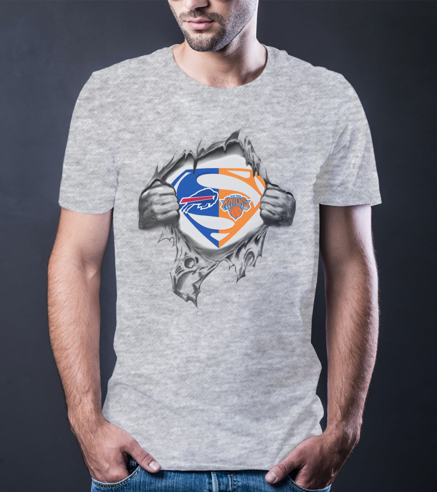 Bills New York Knicks Superman Logo Crossover Busting Through T-Shirt