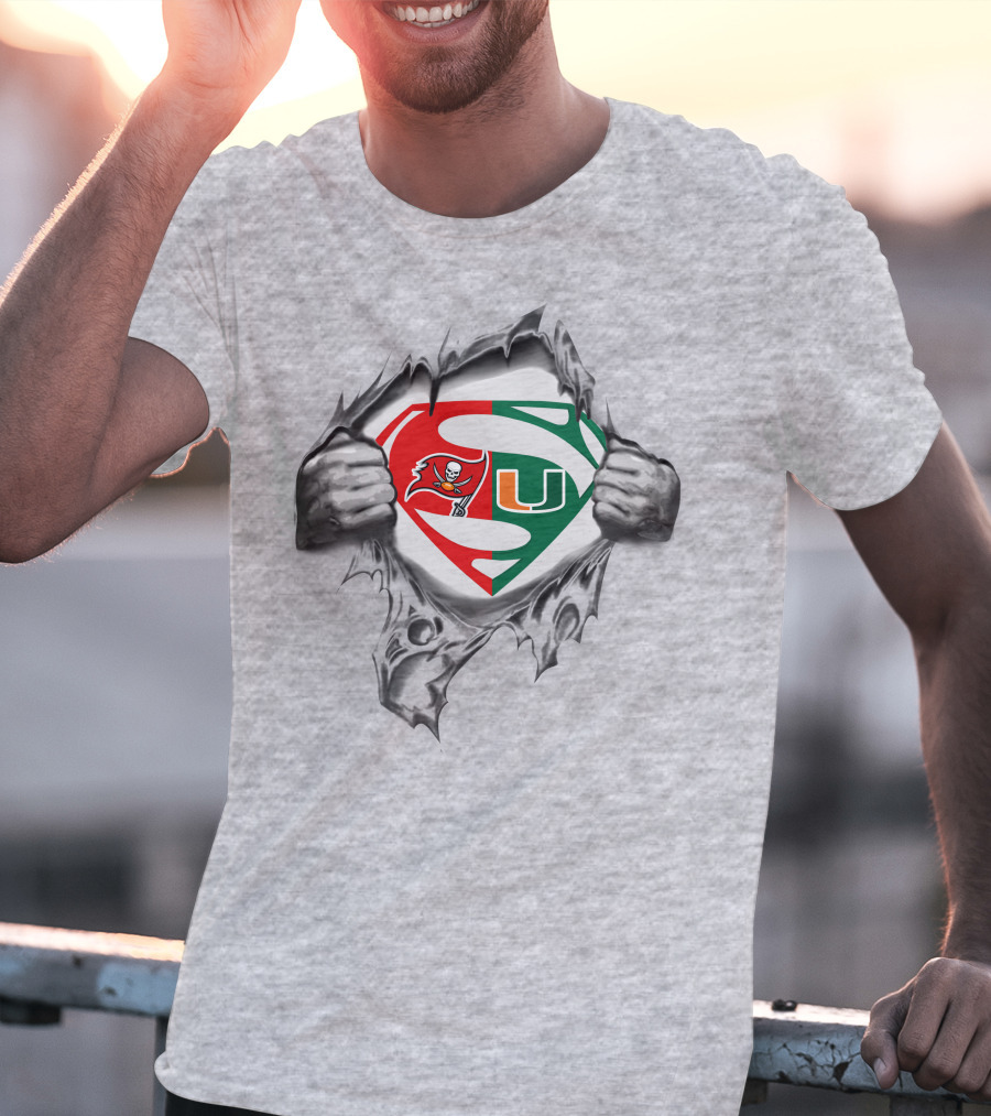 Superman Logo With Buccaneers And Miami Hurricanes Symbols Tear Reveal T-Shirt
