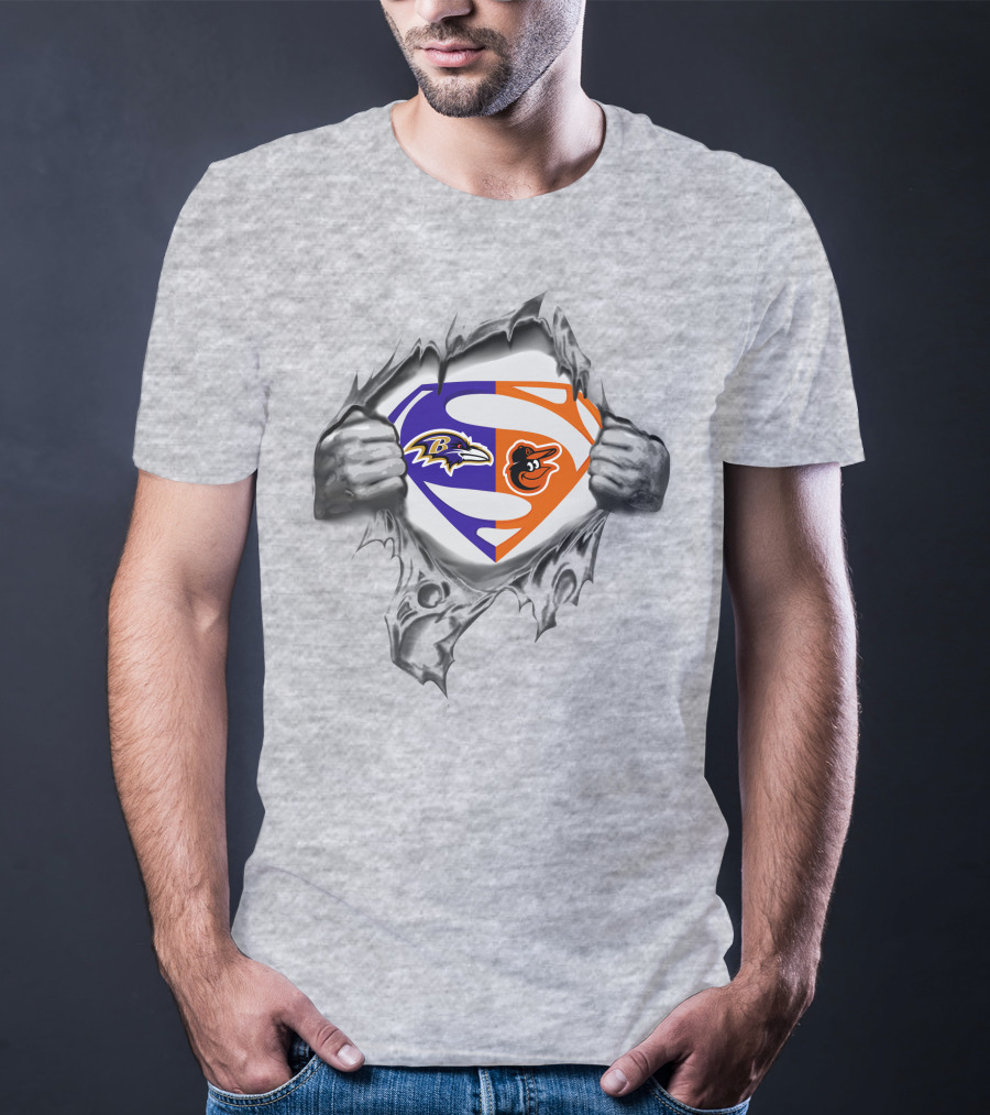 Superman Logo With Ravens And Baltimore Orioles Logos T-Shirt