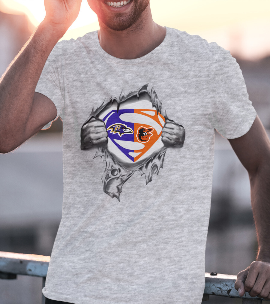 Superman Logo With Ravens And Baltimore Orioles Logos T-Shirt