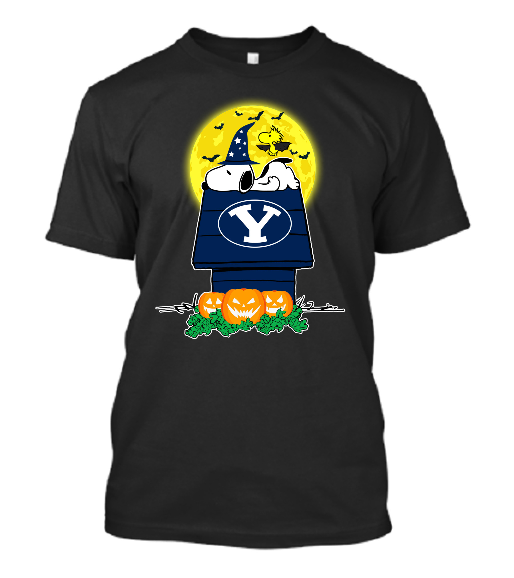 Byu Cougars Snoopy Woodstock Halloween Pumpkins Moon House T-Shirt