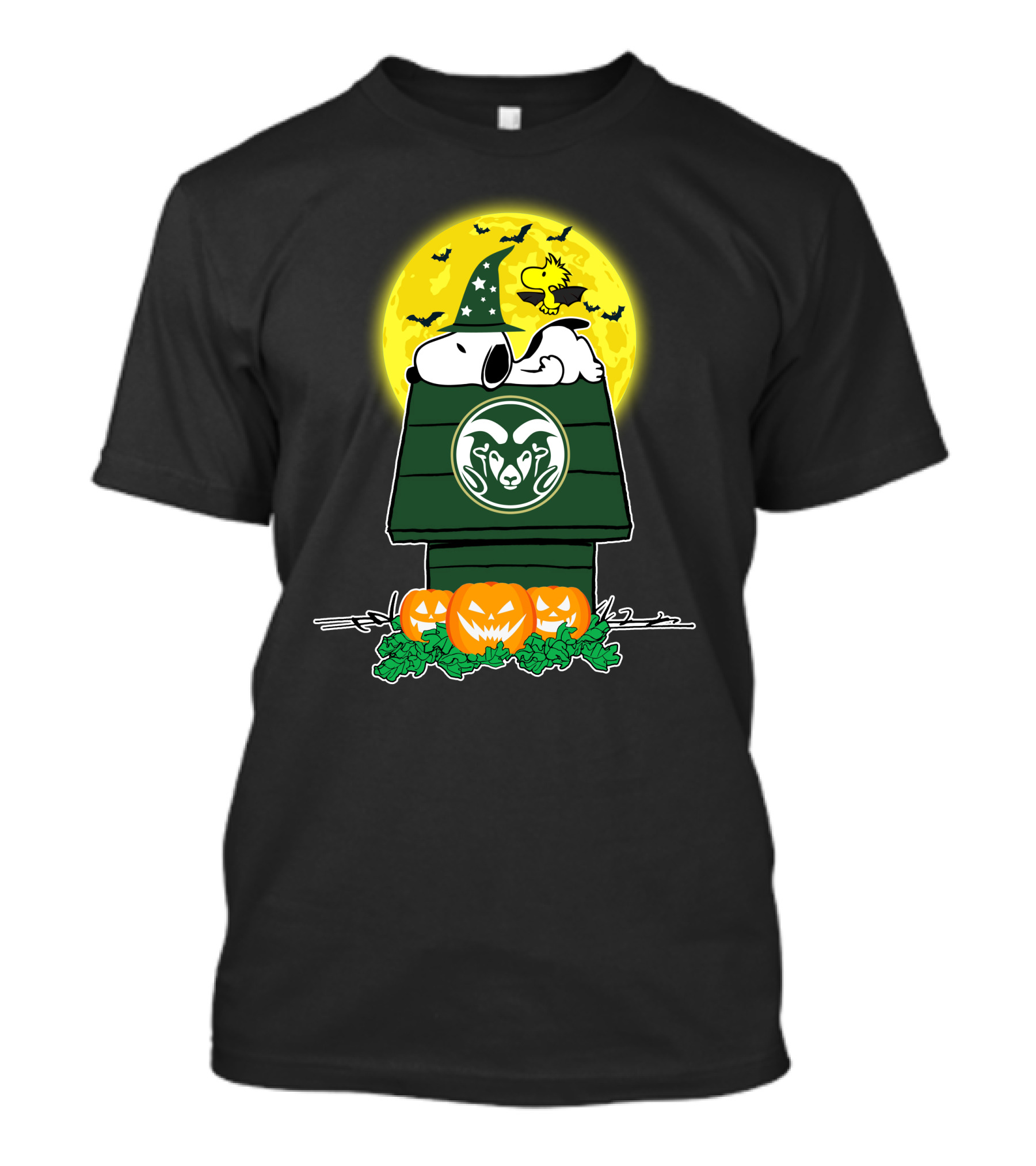 Colorado State Rams Snoopy Halloween Moon With Pumpkins And Woodstock On Doghouse T-Shirt