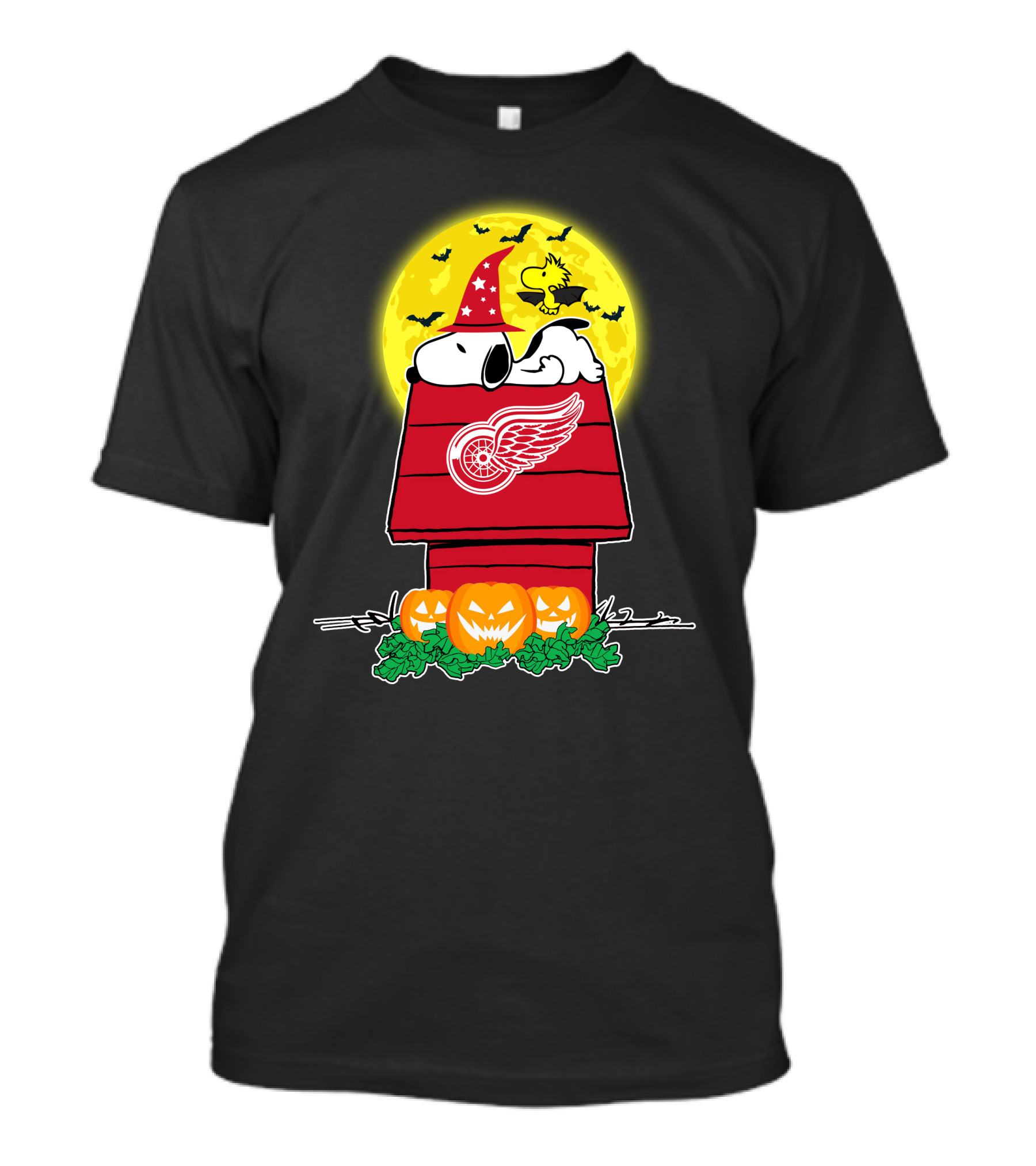 Detroit Red Wings Snoopy Halloween Moon Pumpkins Bats House T-Shirt