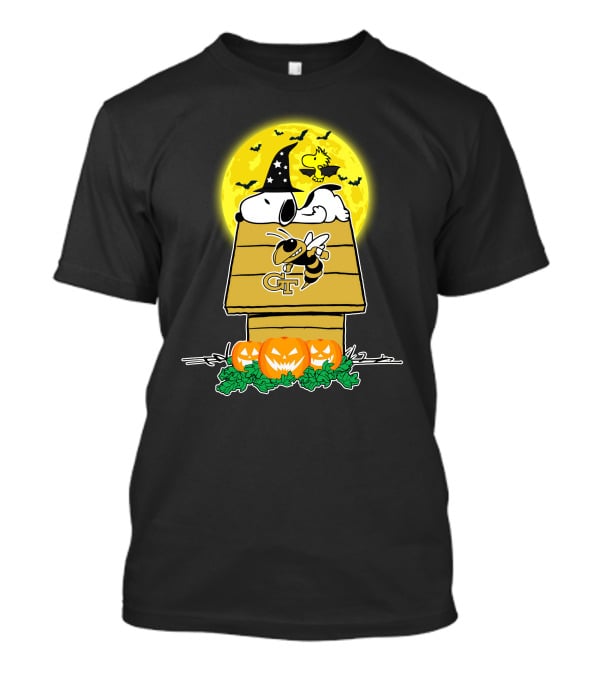 Georgia Tech Yellow Jackets Snoopy Woodstock Witch Hat Pumpkins Halloween Moon T-Shirt