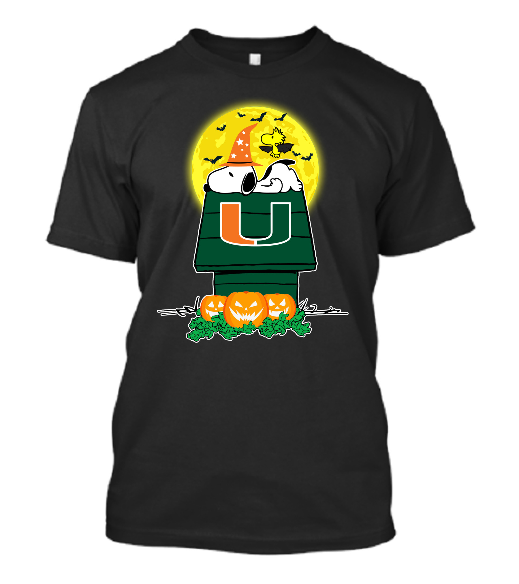 Miami Hurricanes Snoopy Halloween Pumpkin Moon Peanuts Woodstock T-Shirt