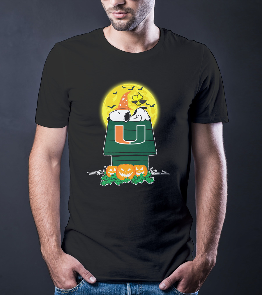 Miami Hurricanes Snoopy Halloween Pumpkin Moon Peanuts Woodstock T-Shirt