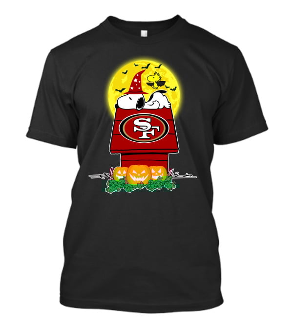 San Francisco 49ers Snoopy Woodstock Halloween Moon Jack-O'-Lanterns T-Shirt