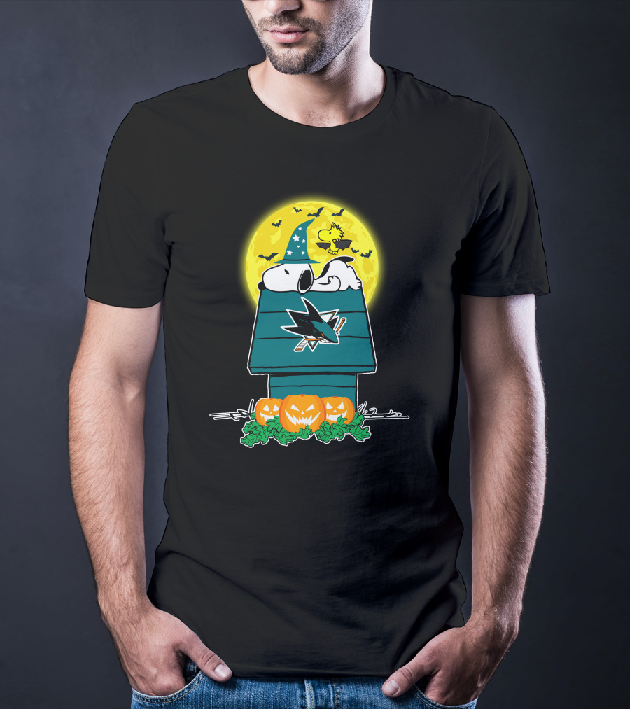 San Jose Sharks Snoopy Halloween Moon Wizard Woodstock Pumpkins T-Shirt