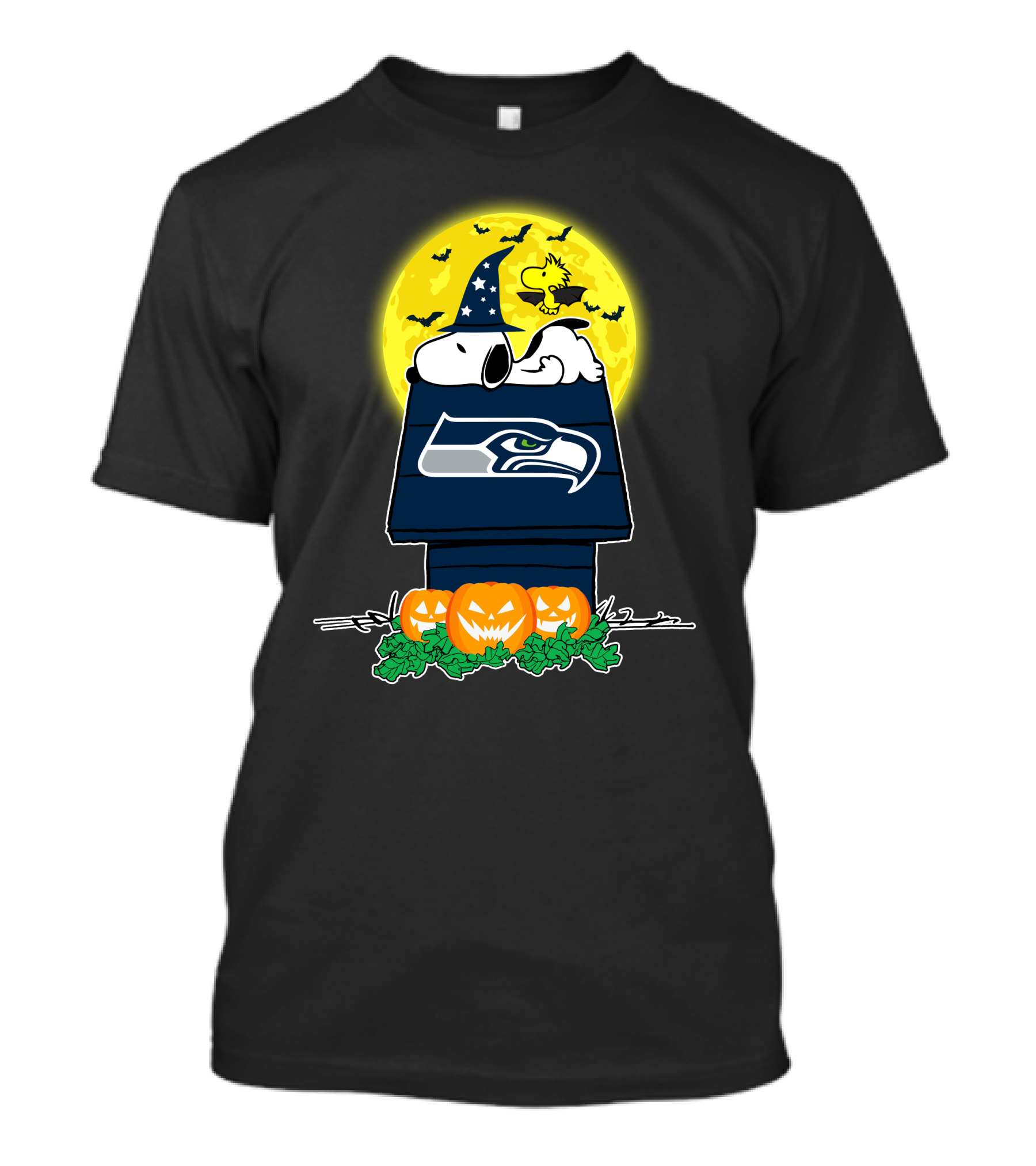 Seattle Seahawks Snoopy Woodstock Halloween Pumpkin Moon T-Shirt