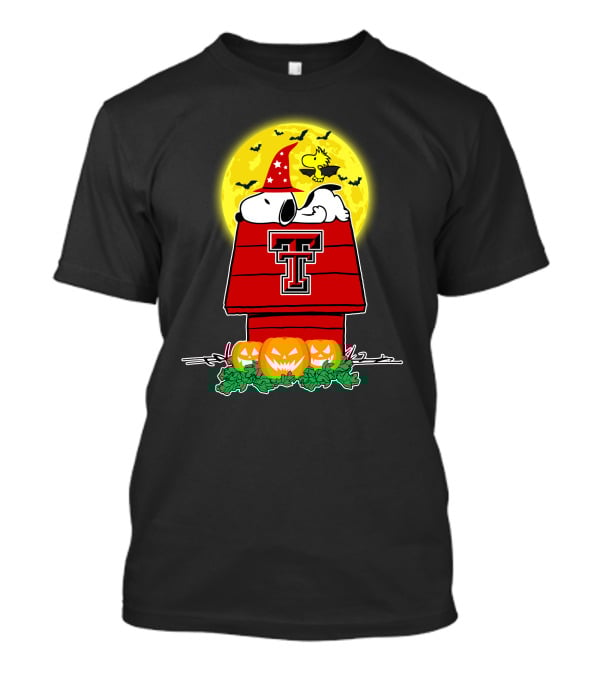 Texas Tech Red Raiders Snoopy Halloween Peanuts Doghouse Jack-O'-Lanterns Moon Woodstock Bats T-Shirt