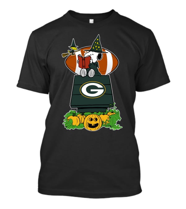 Green Bay Packers Halloween Snoopy And Woodstock Witch With Football And Pumpkins T-Shirt