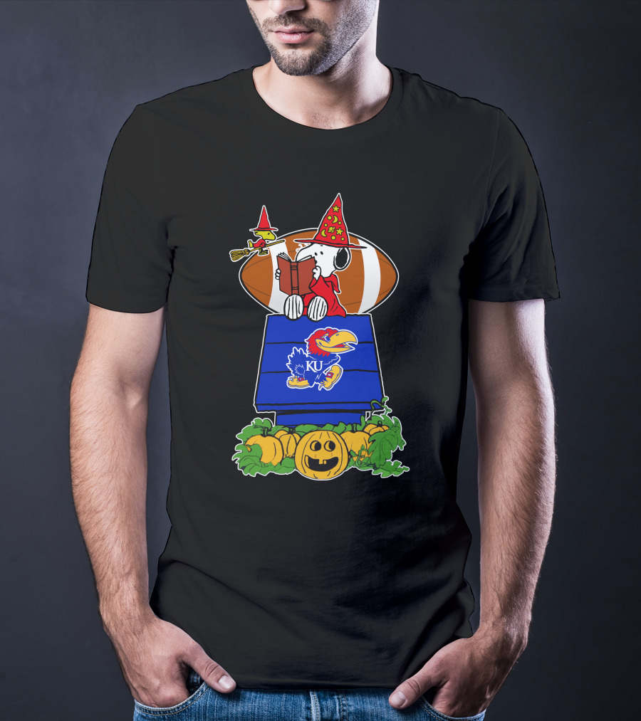 Kansas Jayhawks Snoopy Wizard Halloween Football Pumpkins T-Shirt