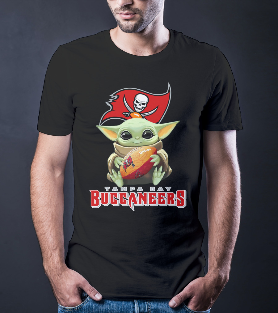 Tampa Bay Buccaneers Baby Yoda Holding Wilson Football T-Shirt