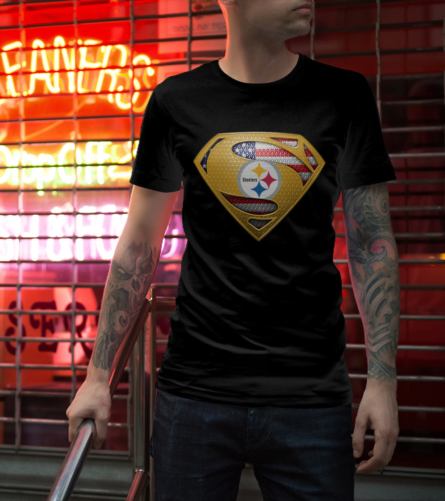 Pittsburgh Steelers American Flag Superman Shield Badge T-Shirt