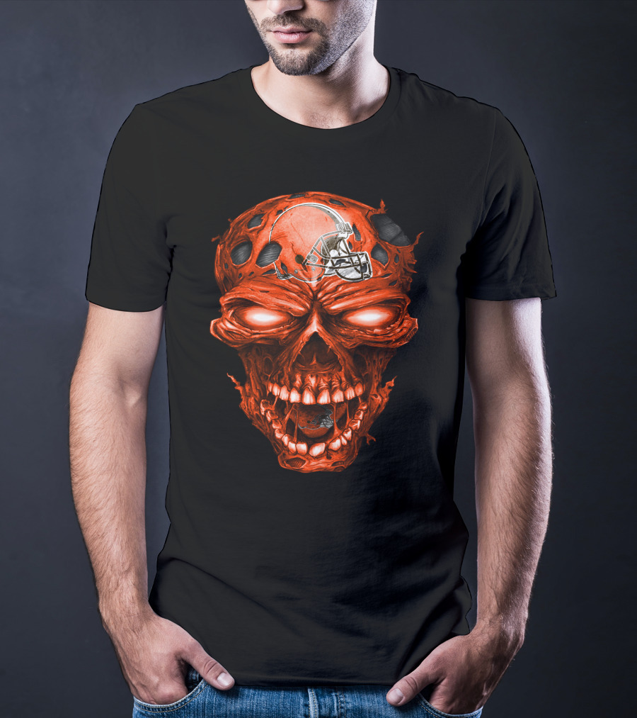 Cleveland Browns Helmet On Fiery Red Skull T-Shirt
