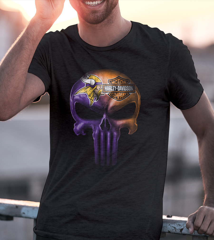 Minnesota Vikings Skull Harley Davidson Motor Company T-Shirt