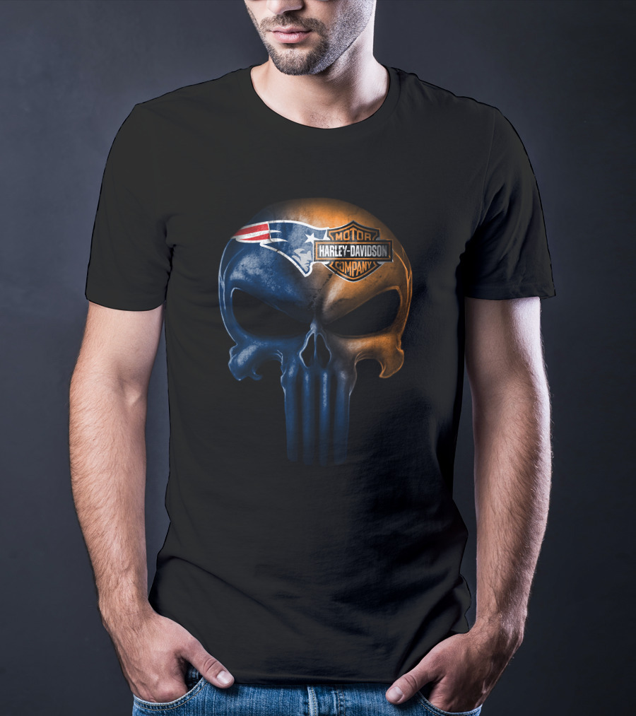New England Patriots Skull Harley Davidson Crossover T-Shirt