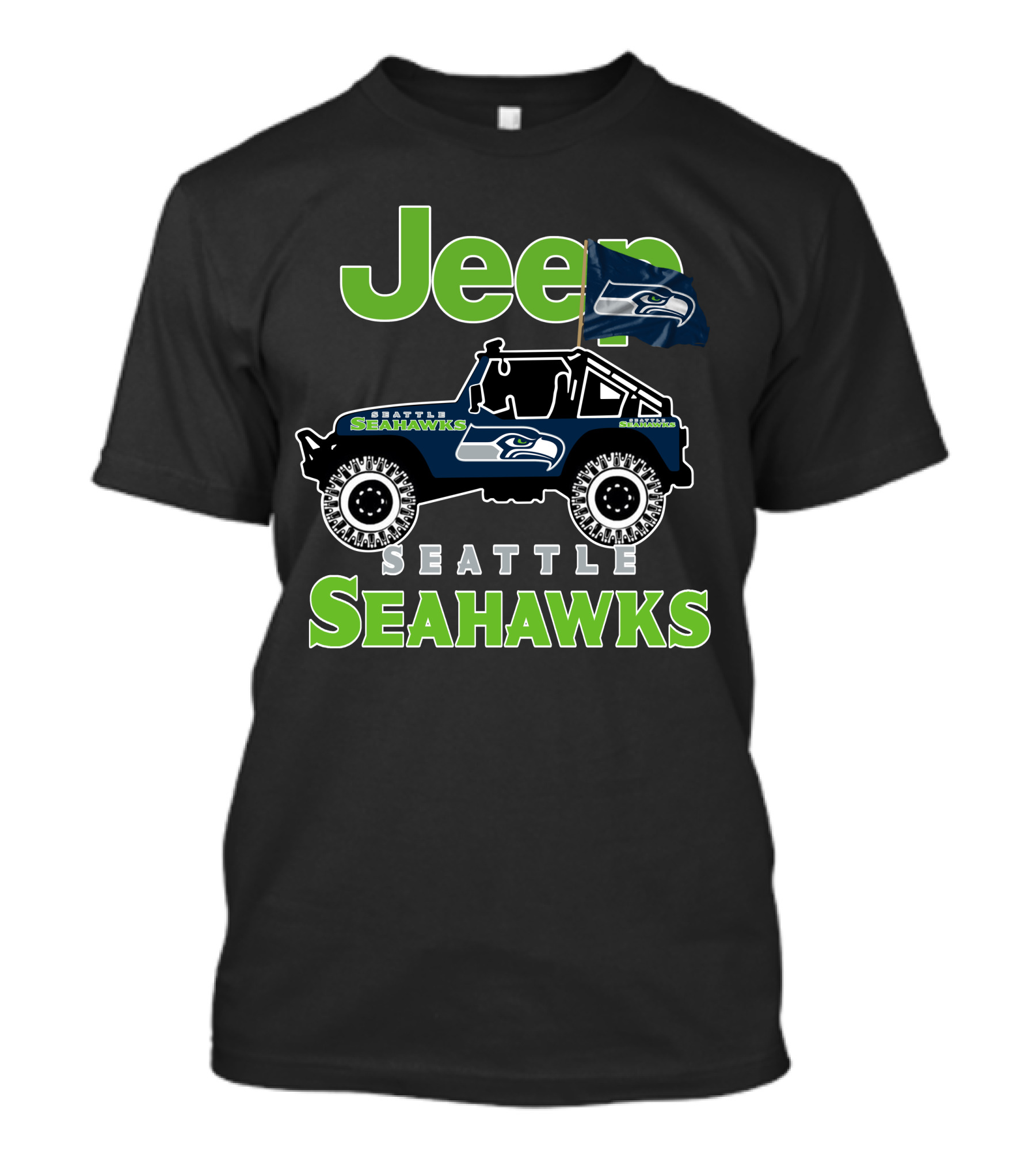 Jeep Seattle Seahawks Team Logo With Flag And Off-Road Vehicle T-Shirt