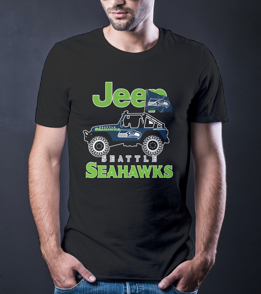 Jeep Seattle Seahawks Team Logo With Flag And Off-Road Vehicle T-Shirt