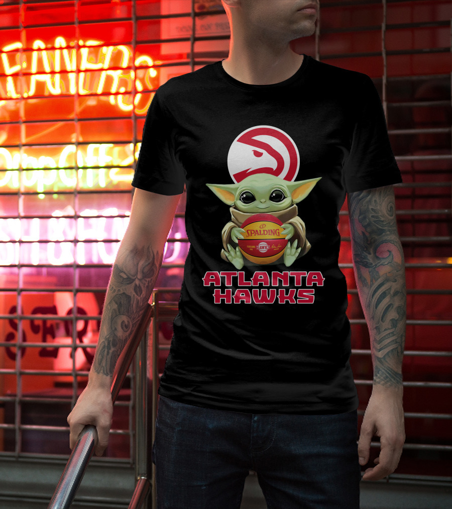 Atlanta Hawks Baby Yoda With Spalding Basketball And Hawks T-Shirt