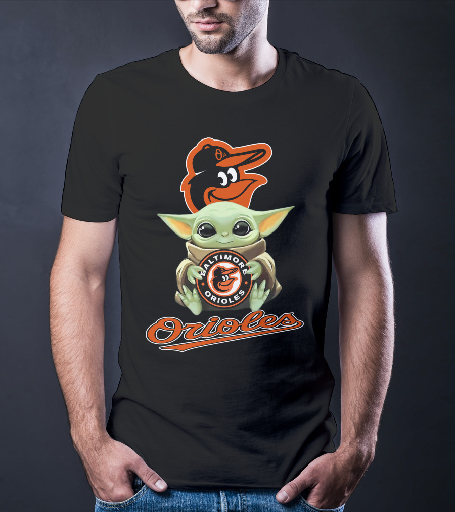 Baltimore Orioles Baby Yoda Holding Logo With Mascot And Team Name T-Shirt