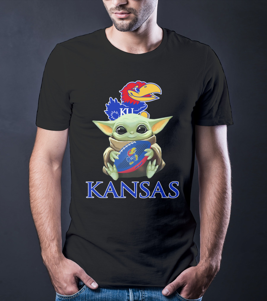 Kansas Jayhawks Baby Yoda Football Holding Ku T-Shirt