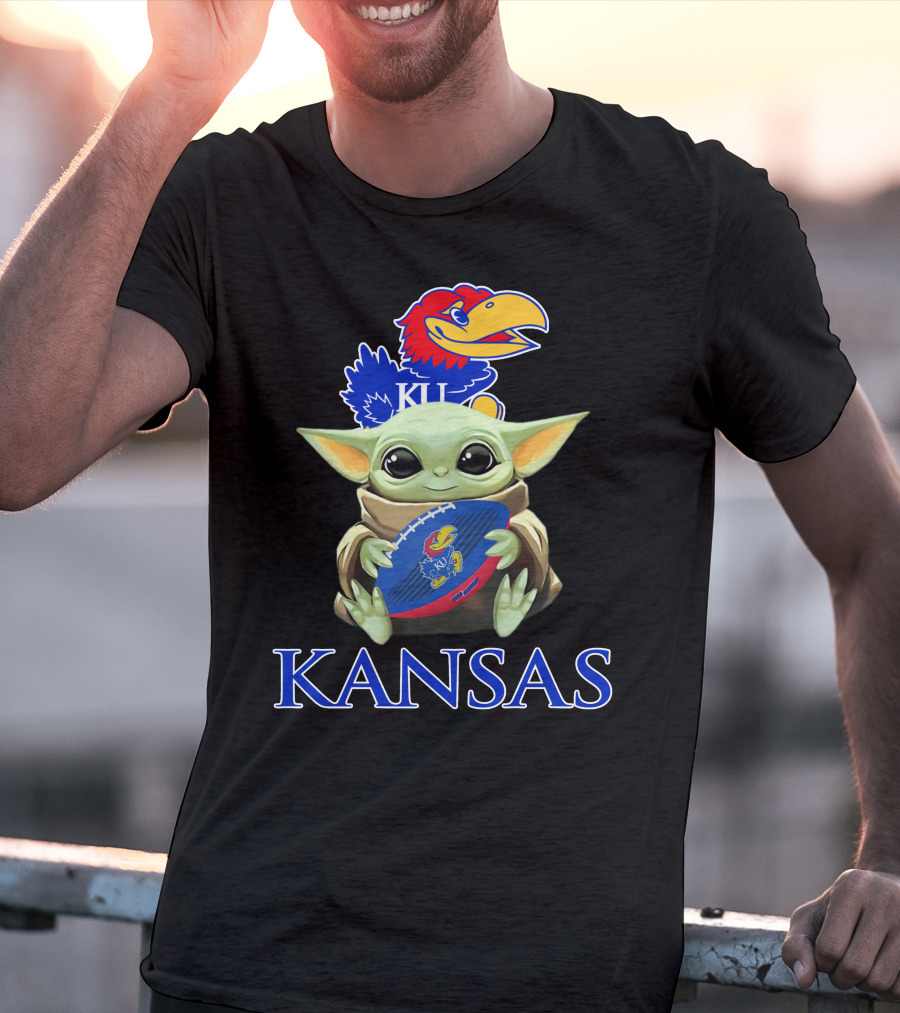 Kansas Jayhawks Baby Yoda Football Holding Ku T-Shirt