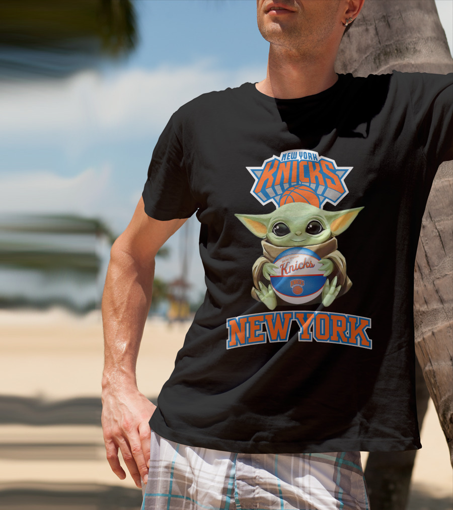 New York Knicks Baby Yoda Holding Basketball T-Shirt