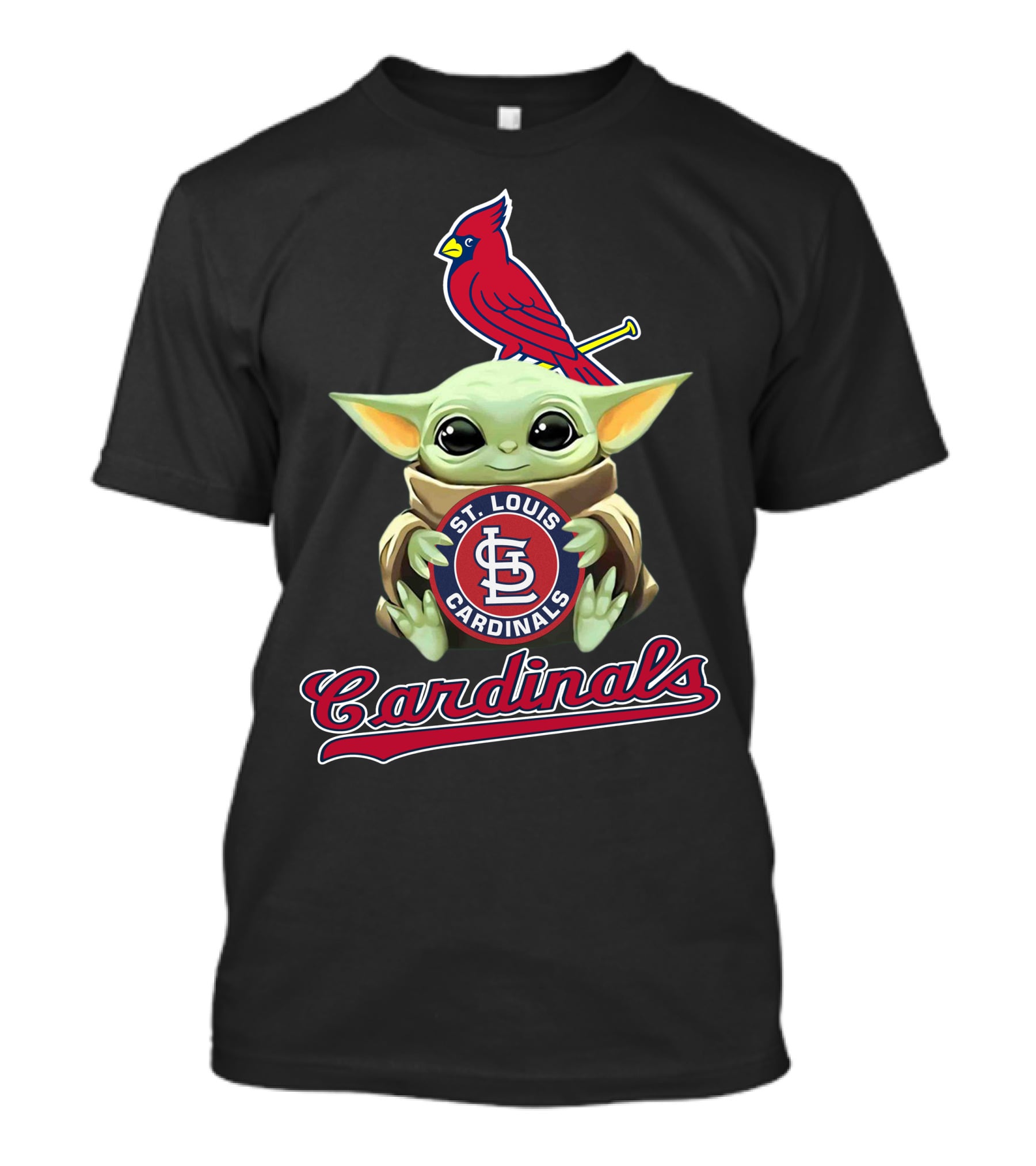 St. Louis Cardinals Baby Yoda Holding Logo With Cardinal Bird T-Shirt