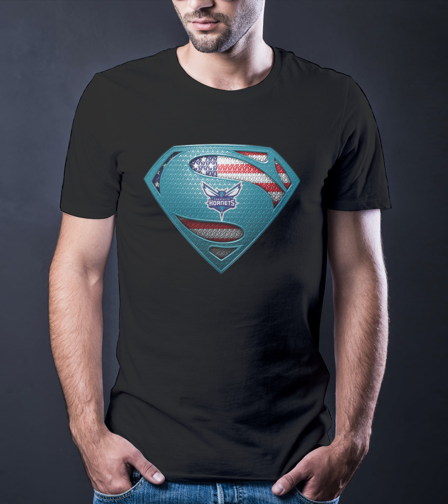 Charlotte Hornets American Flag Superman Logo Fusion T-Shirt