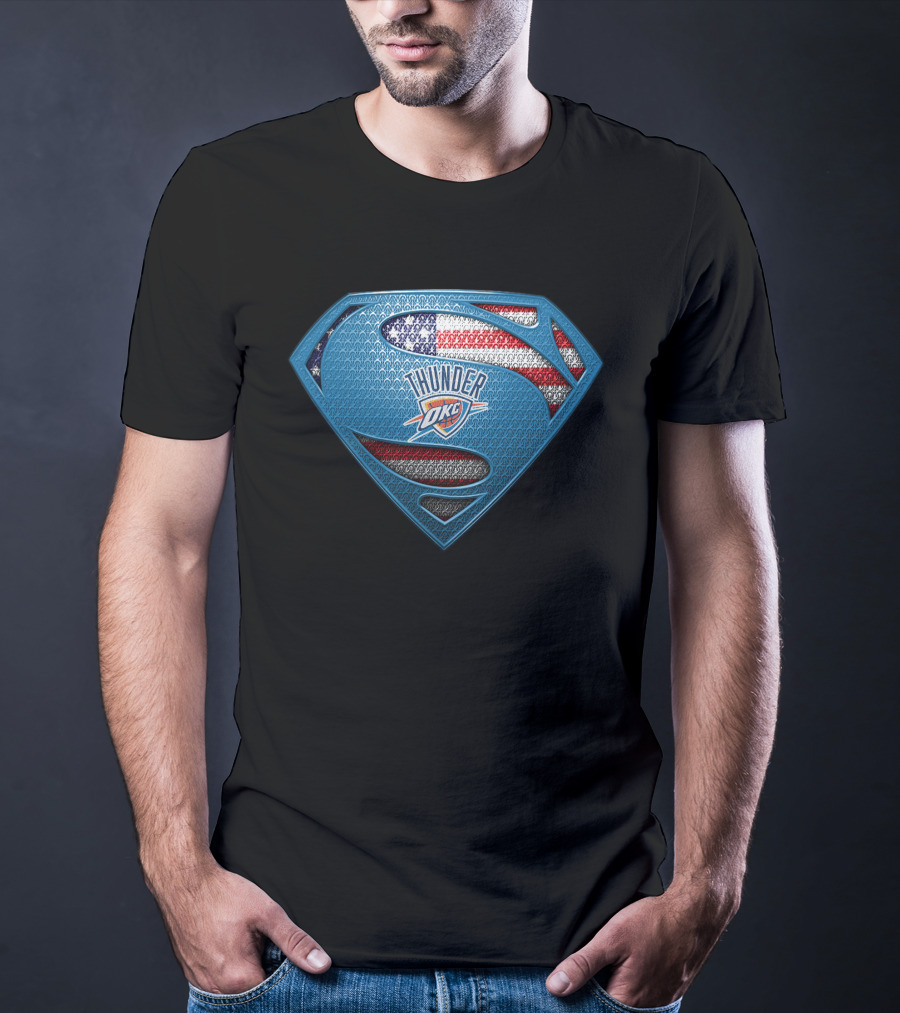 Oklahoma City Thunder Superman Shield With Usa Flag T-Shirt