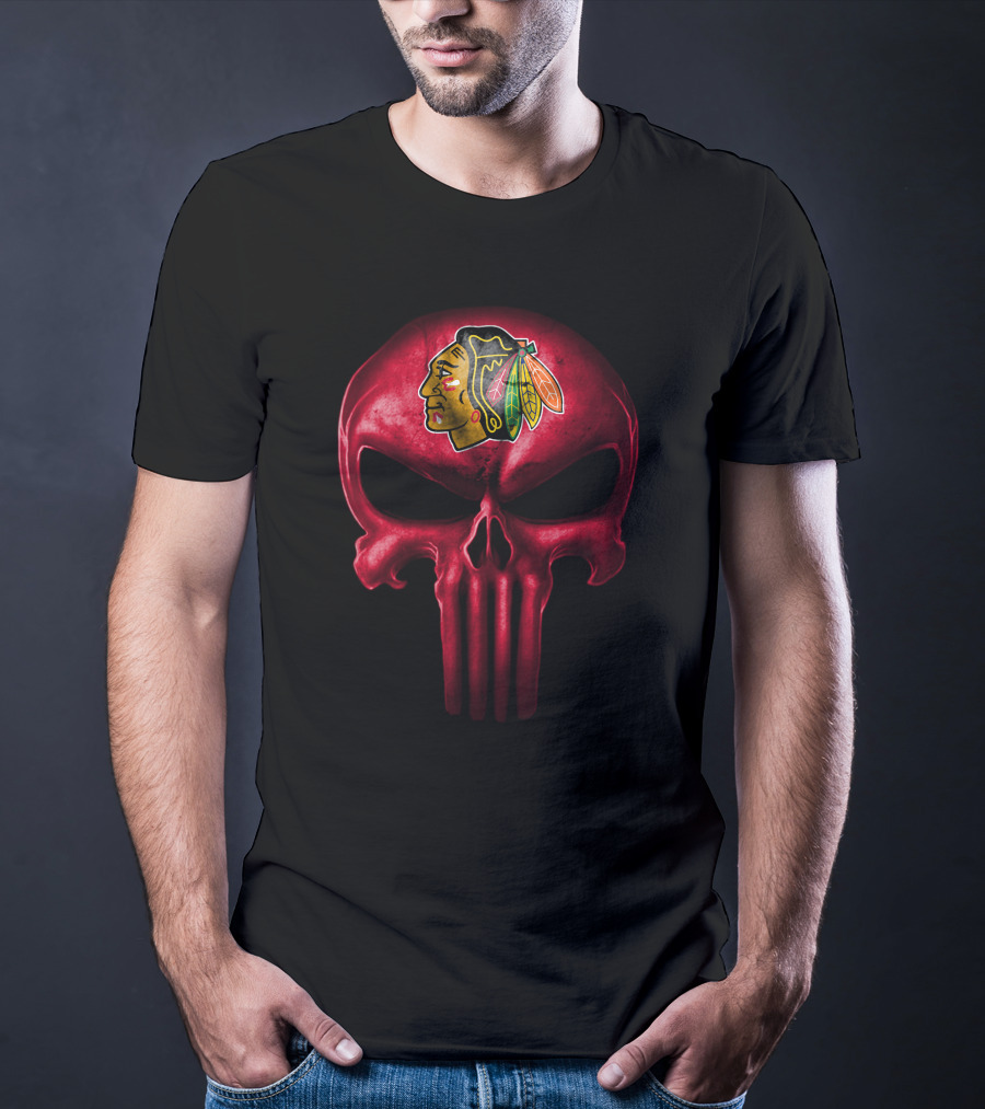 Chicago Blackhawks Punisher Style Skull T-Shirt
