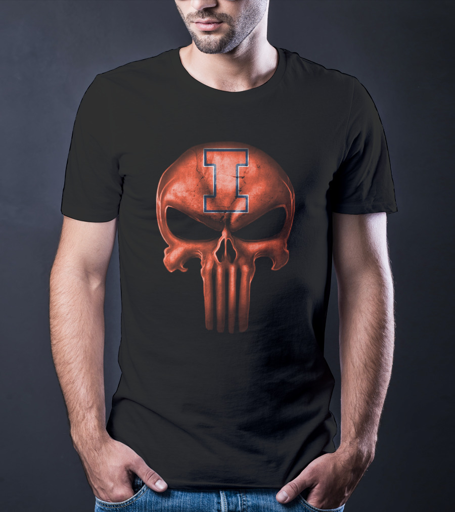 Illinois Fighting Illini Skull Icon With Blue I T-Shirt