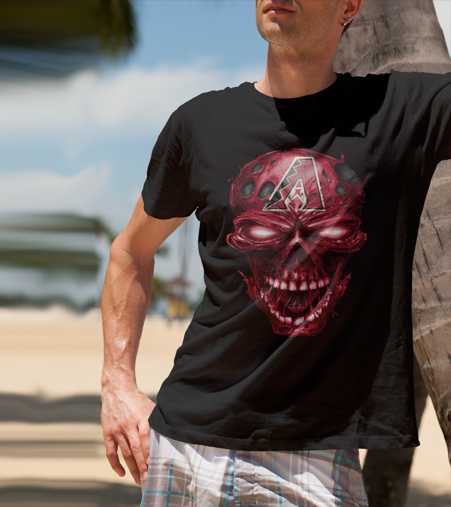 Arizona Diamondbacks Skull With Team Logo On Red Textured T-Shirt
