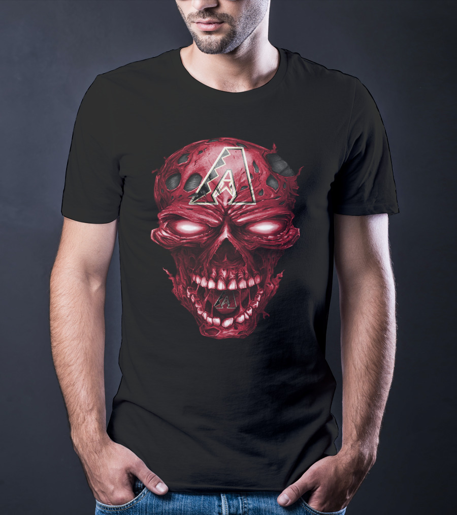 Arizona Diamondbacks Skull With Team Logo On Red Textured T-Shirt