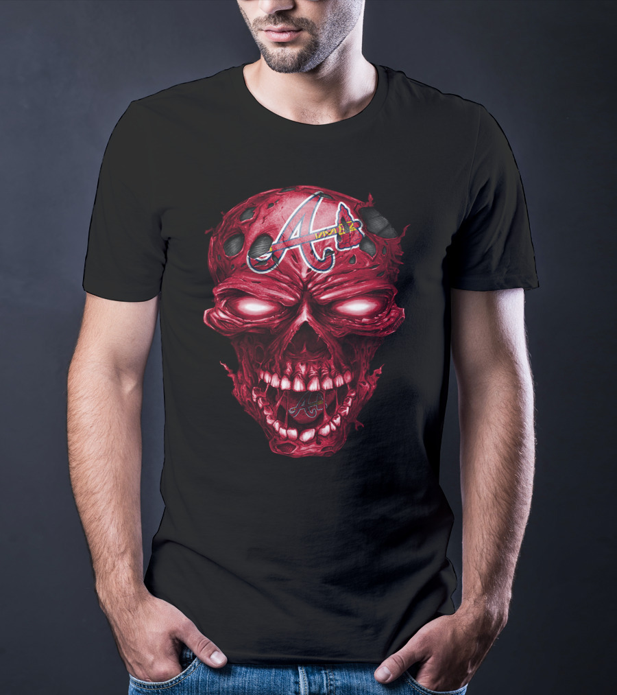 Atlanta Braves Red Skull With Team Logo And Tomahawk T-Shirt