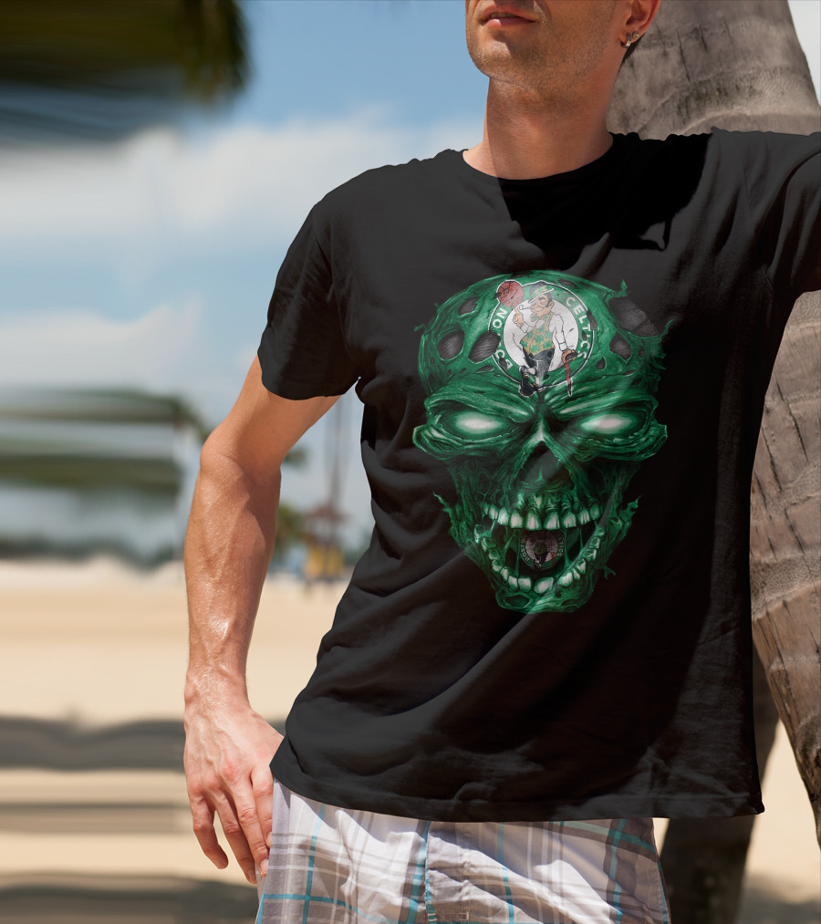 Boston Celtics Skull With Team Logo And Green Fire Eyes T-Shirt
